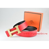 Hermes Red/Black Leather Men Reversible Belt 18k Silver Wave Stripe H Buckle