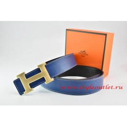 Hermes Dark Blue/Black Leather MenWomen Reversible Belt 18k Drawbench Gold H Buckle