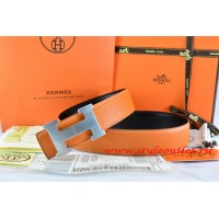Hermes Orange/Black Leather Men/Women Reversible Belt 18k Silver H Buckle