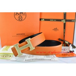 Hermes Orange/Black Leather Men/Women Reversible Belt 18k Drawbench Gold H Buckle