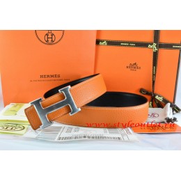 Hermes Orange/Black Leather Men/Women Reversible Belt 18k Drawbench Silver H Buckle