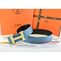 Hermes Blue/Black Leather Men Reversible Belt 18k Gold Wave Stripe H Buckle