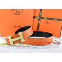 Hermes Orange/Black Leather Men Reversible Belt 18k Gold Wave Stripe H Buckle