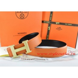 Hermes Orange/Black Leather Men Reversible Belt 18k Gold Wave Stripe H Buckle