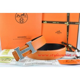 Hermes Orange/Black Leather Men Reversible Belt 18k Silver Wave Stripe H Buckle