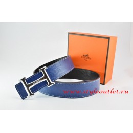 Hermes Dark Blue/Black Leather Men Reversible Belt 18k Silver Smooth H Buckle