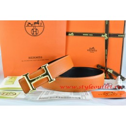 Hermes Orange/Black Leather Men Reversible Belt 18k Gold Smooth H Buckle