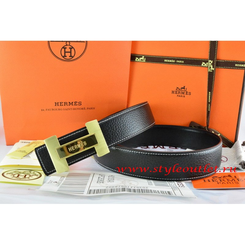 Hermes Black/Black Leather Men Reversible Belt 18k Gold Logo H Buckle ...
