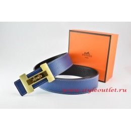 Hermes Dark Blue/Black Leather Men Reversible Belt 18k Gold Logo H Buckle