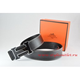 Hermes Black/Black Leather Men Reversible Belt 18k Black Silver H Buckle
