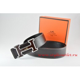 Hermes Black/Black Leather Men Reversible Belt 18k Black Silver Logo H Buckle