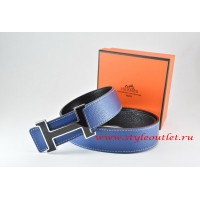 Hermes Dark Blue/Black Leather Men Reversible Belt 18k Black Silver H Buckle