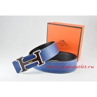 Hermes Dark Blue/Black Leather Men Reversible Belt 18k Black Silver Logo H Buckle