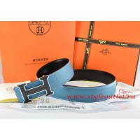 Hermes Blue/Black Leather Men Reversible Belt 18k Black Silver H Buckle
