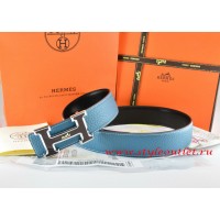 Hermes Blue/Black Leather Men Reversible Belt 18k Black Silver Logo H Buckle
