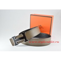 Hermes Light Gray/Black Leather Men Reversible Belt 18k Black Silver H Buckle