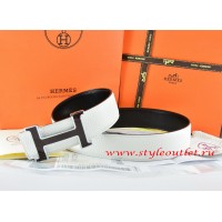 Hermes White/Black Leather Men Reversible Belt 18k Black Silver H Buckle