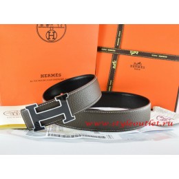 Hermes Brown/Black Leather Men Reversible Belt 18k Black Silver H Buckle