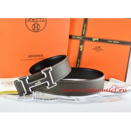 Hermes Brown/Black Leather Men Reversible Belt 18k Black Silver Logo H Buckle