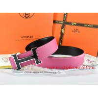 Hermes Pink/Black Leather Men Reversible Belt 18k Black Silver H Buckle