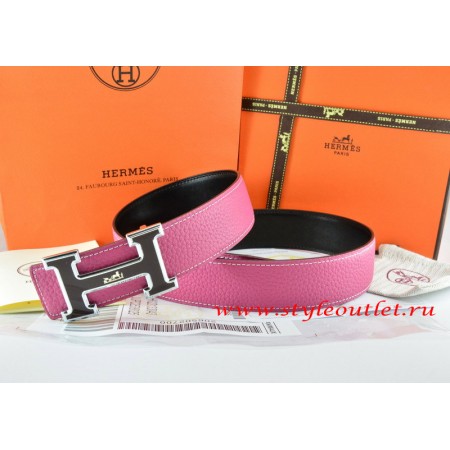 Hermes Pink/Black Leather Men Reversible Belt 18k Black Silver Logo H Buckle
