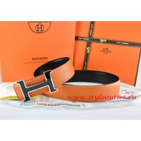 Hermes Orange/Black Leather Men Reversible Belt 18k Black Silver H Buckle