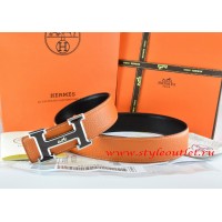 Hermes Orange/Black Leather Men Reversible Belt 18k Black Silver Logo H Buckle