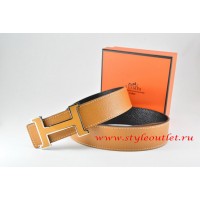 Hermes Light Coffe/Black Leather Men Reversible Belt 18k Orange Silver H Buckle