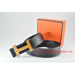 Hermes Black/Black Leather Men Reversible Belt 18k Orange Black Silver H Buckle