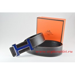 Hermes Black/Black Leather Men Reversible Belt 18k Black Blue Logo H Buckle