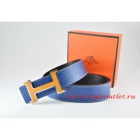 Hermes Dark Blue/Black Leather Men Reversible Belt 18k Orange Silver H Buckle