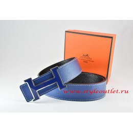 Hermes Dark Blue/Black Leather Men Reversible Belt 18k Blue Silver H Buckle