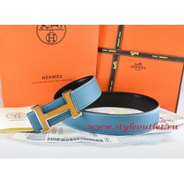 Hermes Blue/Black Leather Men Reversible Belt 18k Orange Silver H Buckle