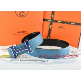 Hermes Blue/Black Leather Men Reversible Belt 18k Blue Silver H Buckle