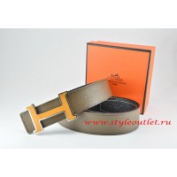 Hermes Light Gray/Black Leather Men Reversible Belt 18k Orange Silver H Buckle