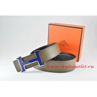 Hermes Light Gray/Black Leather Men Reversible Belt 18k Blue Silver H Buckle