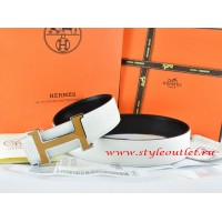 Hermes White/Black Leather Men Reversible Belt 18k Orange Silver H Buckle