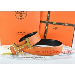 Hermes Orange/Black Leather Men Reversible Belt 18k Orange Silver H Buckle
