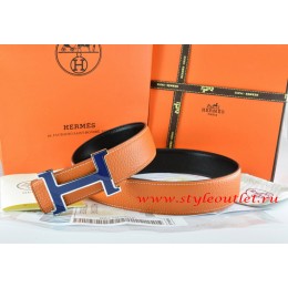 Hermes Orange/Black Leather Men Reversible Belt 18k Blue Silver H Buckle