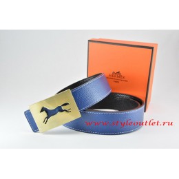 Hermes Dark Blue/Black Leather Men Reversible Belt 18k Hollow Horse Gold Buckle