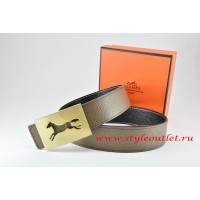Hermes Light Gray/Black Leather Men Reversible Belt 18k Hollow Horse Gold Buckle
