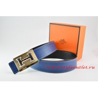 Hermes Dark Blue/Black Leather Men Reversible Belt 18k Gold Big H Buckle