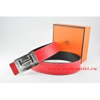 Hermes Red/Black Leather Men Reversible Belt 18k Silver Big H Buckle