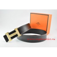 Hermes Black/Black Leather Men Reversible Belt 18k Gold Bamboo Stripe H Buckle