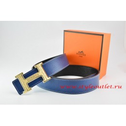 Hermes Dark Blue/Black Leather Men Reversible Belt 18k Gold Bamboo Stripe H Buckle