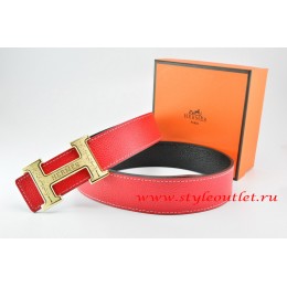 Hermes Red/Black Leather Men Reversible Belt 18k Gold Bamboo Stripe H Buckle
