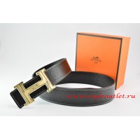Hermes Black/Black Leather Men Reversible Belt 18k Orange Gold Geometric Stripe H Buckle