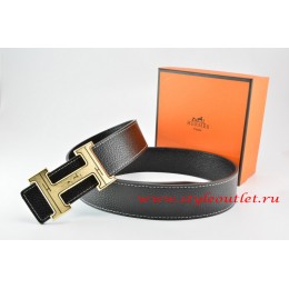 Hermes Black/Black Leather Men Reversible Belt 18k Orange Gold Geometric Stripe H Buckle
