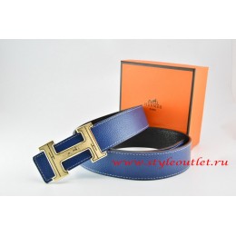 Hermes Dark Blue/Black Leather Men Reversible Belt 18k Gold Geometric Stripe H Buckle