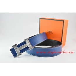 Hermes Dark Blue/Black Leather Men Reversible Belt 18k Silver Geometric Stripe H Buckle